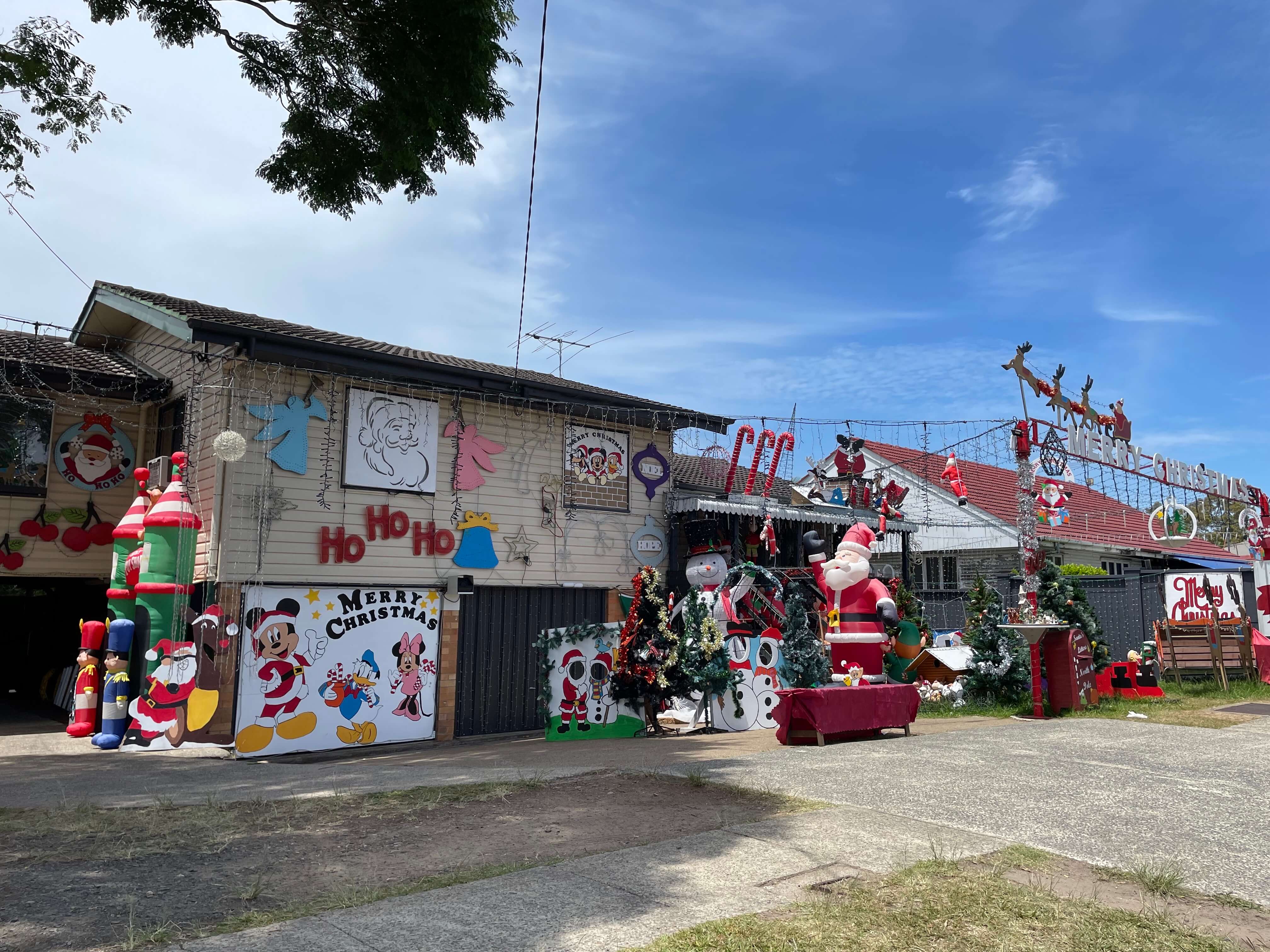 Extreme Christmas decorations in the summer sun