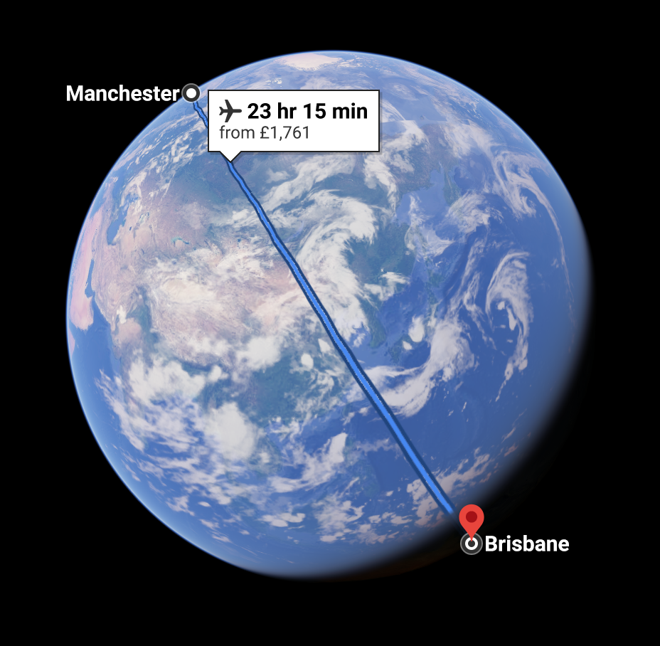 Google Earth View of Manchester to Brisbane Flight Path